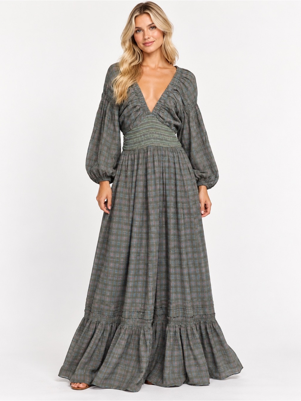 Free People Plaid Smocked Waist Ruffle Maxi Dress Green Gray Size L